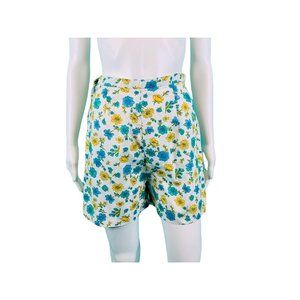 Vintage 1960s Floral Print Shorts Blue Yellow White Cotton | W 26"